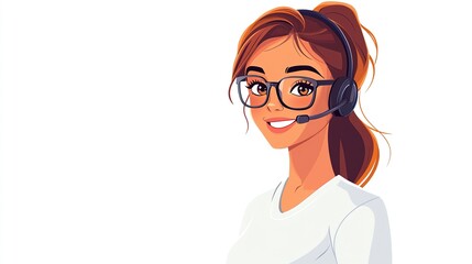 A professional female call center agent with a headset, her bright expression and confident posture emphasizing excellent customer service, in a modern vector illustration on white. 