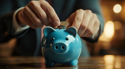 A professional man in a suit deposits coins into a blue piggy bank, representing budgeting, financial responsibility, and wealth management 