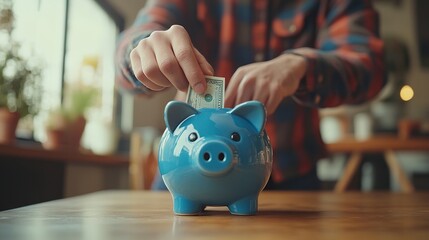 A professional setting where a man deposits money into a blue piggy bank, reinforcing the concept of saving for financial security and future investments,  