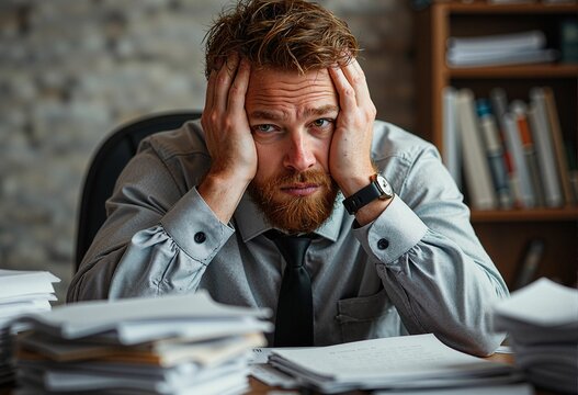Exhausted man with headache at desk covered with documents - image for blogs about work-related stress, burnout prevention and mental health resources for professionals
