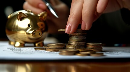A professional woman deposits coins into a piggy bank, a notepad with financial plans in the background, symbolizing insurance, investment, and income management, telephoto mid-range shot. 