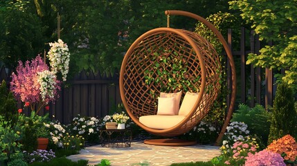 Serene Garden Retreat with Hanging Chair and Lush Floral Landscape