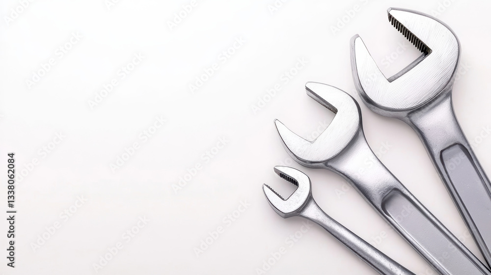 Poster three metal wrenches of varying sizes arranged neatly on a light background, showcasing their reflec