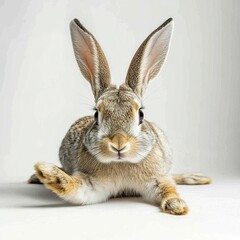 Fototapeta premium A rabbit stretching its legs, sharp fur textures, soft natural lighting, full-body shot, white backdrop. 
