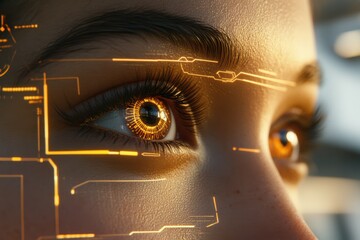 Futuristic Vision A Closeup of a Woman's Eye with  Intricate Digital Overlay Glowing Amber Hues