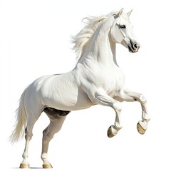 A regal white stallion rearing up, powerful muscles defined, high-key studio lighting, dramatic pose, pure white backdrop.  