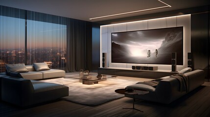 A breathtaking cinematic experience unfolds in a luxurious penthouse, showcasing a vast screen displaying a captivating space landscape, bathed in soft warm lighting with a stunning city skyline view.