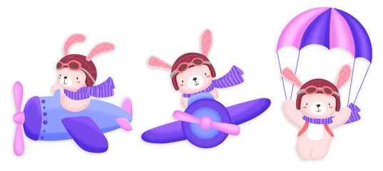Adorable bunny with his the plane clipart. bunny doing travel by the plane illustration isolated