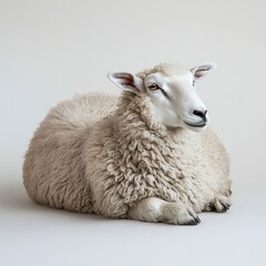 Fototapeta premium A resting sheep with its head turned, gentle gaze, soft fleece textures, side view, white backdrop. 