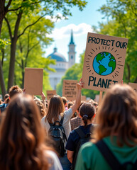 A peaceful Earth Day protest, where people of all ages hold signs with messages like "Protect Our Planet" and "Go Green"