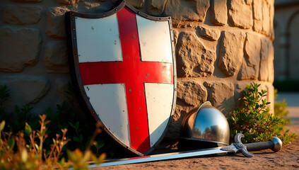 A close-up of a beautifully decorated shield with the red cross of St. George leaning against a weathered stone wall, with a knight's sword and helmet lying next to it