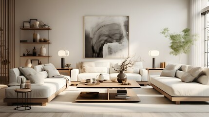 Serene minimalist living room bathed in soft natural light, showcasing a calming neutral palette and low-slung comfy sofas, creating a peaceful and inviting atmosphere.