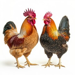 Fototapeta premium A rooster and hen side by side, vibrant feather textures, warm lighting, full-body shot, white background. 