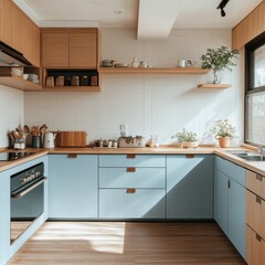 A well lit and organized kitchen with light blue cabinets