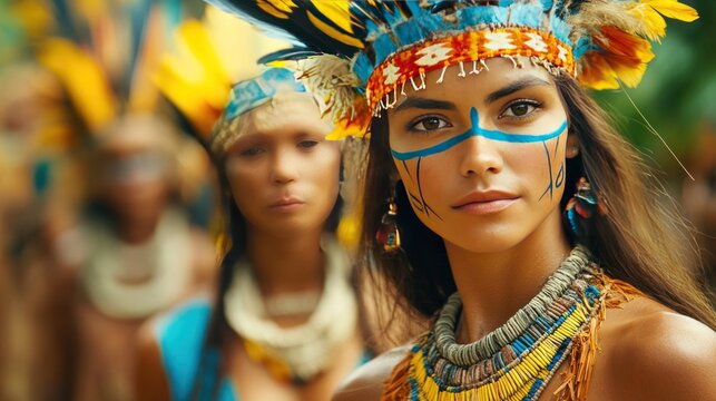 A Yanomami man and woman in traditional attire, standing in the Amazon rainforest. 
