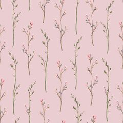 Twig with pink buds and little flowers seamless pattern. Spring brunch, dry flowers herbs watercolor hand drawn illustration. Wildflower Botanical floral fabric on Isolated rose coloured background