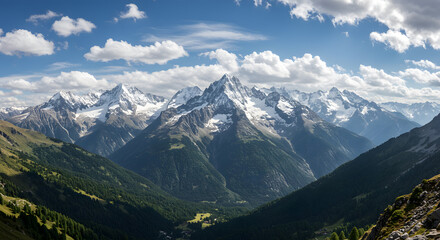 Obraz premium Majestic Snow-capped Mountain Range with Green Valley Under Blue Cloudy Sky