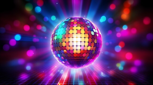 A dazzling disco ball pulses with vibrant energy at a retro party, bathing the dance floor in radiant, multicolored light beams.