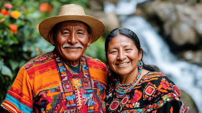 A Bribri man and woman in traditional attire, standing in a rainforest with tropical plants and waterfalls. 