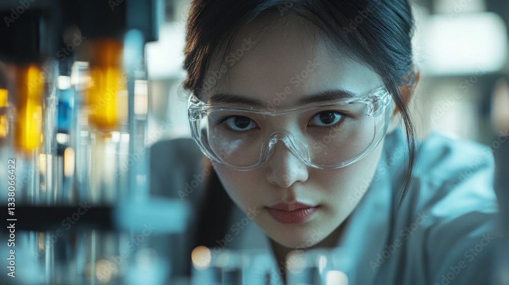 Poster a passionate scientist analyzes various test tubes filled with vibrant liquids while immersed in exp