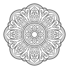 Circular pattern in form of mandala with flower for Henna, Mehndi, tattoo, decoration. Decorative ornament in ethnic oriental style. Outline doodle hand draw vector illustration.