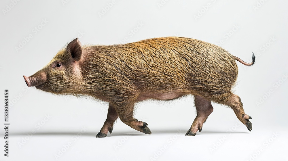 Poster a side-profile of a walking pig, its nose slightly tilted and tail bouncing as it moves, highlightin