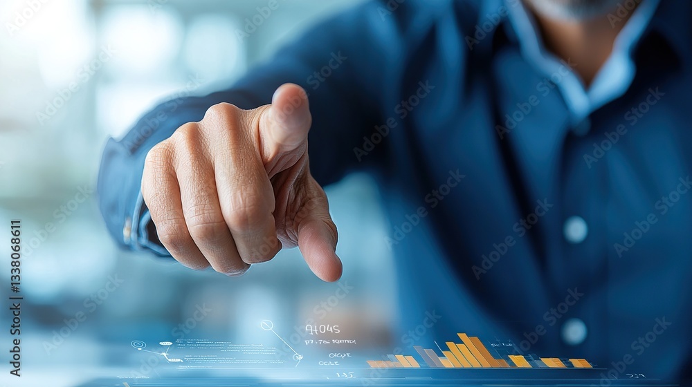 Poster person interacting with a digital interface, illustrating technology and data analysis.