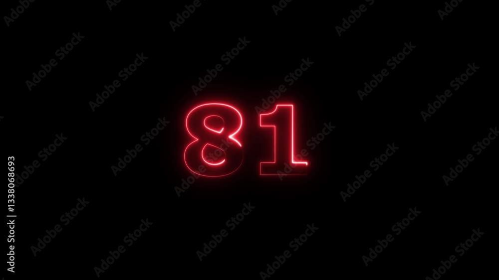 Poster neon text 81 number countdown icon background 4k animation .neon number 81 with alpha channel, neon 