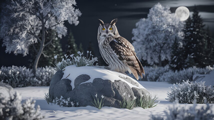 Snowy owl in the snow Winter Owl Under Moonlight &ndash; Serene Snowy Night Scene with Delicate White Flowers