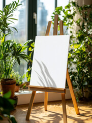 blank easel surrounded by lush greenery, creating serene atmosphere for creativity
