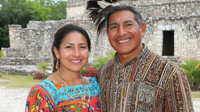 A Mixtec man and woman in traditional clothing, standing in front of an ancient stone temple. 