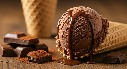 Chocolate ice cream cone with syrup and chocolate pieces.