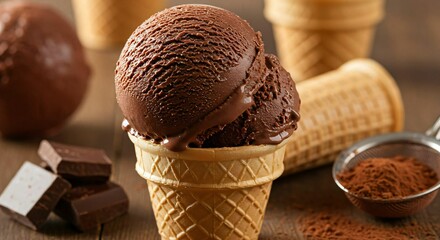 Delicious chocolate ice cream cone close-up.