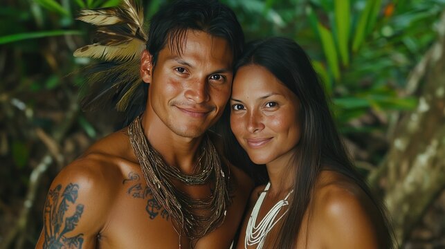 A Yanomami man and woman in traditional attire, standing in the Amazon rainforest. The man wears a loincloth and body paint, 