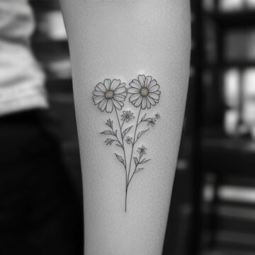 Delicate fineline daisy bouquet tattoo on forearm minimalistic design black line art artistic expression