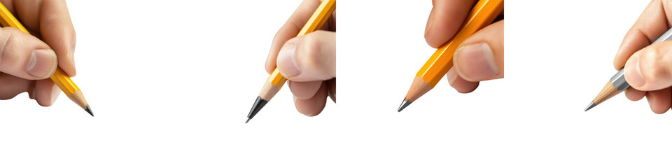 Close up view of a person s hand gripping a freshly sharpened yellow pencil poised to write or draw on a surface