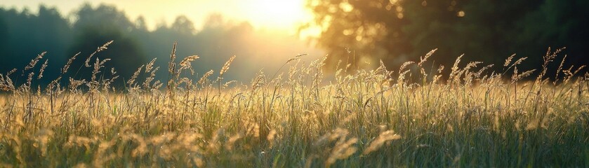 Obraz premium Sunlit meadow with tall grass swaying gently nature scene outdoor environment peaceful atmosphere