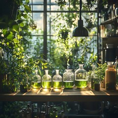 Sunlit Greenhouse Interior Glass Bottles with Green Liquid Lush Plants Botanical Setting