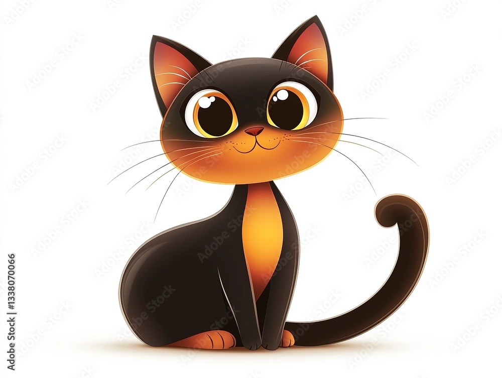 Poster a sleek and simple vector cat with a curled tail and big sparkling eyes, giving off a friendly and s