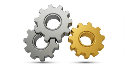 3D icon of interlocking gears in silver and gold representing teamwork