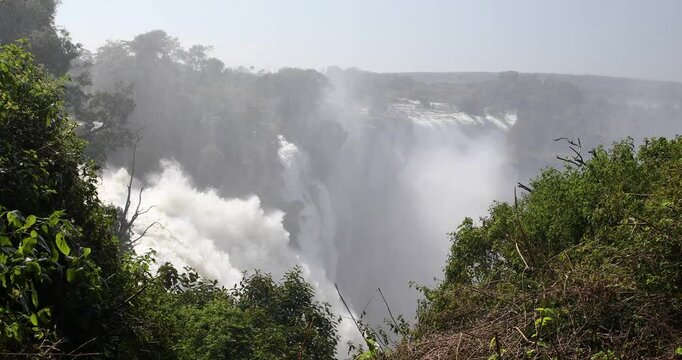 Majestic Victoria Falls in Zimbabwe, thundering waterfall creating massive spray clouds and rainbows against lush green jungle backdrop. Natural world wonder on Zambezi River. African wilderness.
