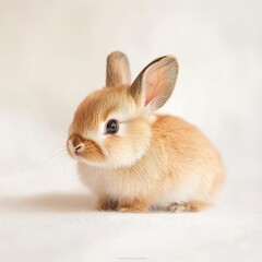 Obraz premium A small brown rabbit sitting still, sharp focus on fur details, soft studio lighting, eye-level shot, crisp white background. 