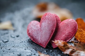 Obraz premium Two red hearts with water droplets on a wet surface, with autumn leaves. Perfect for Valentine's Day, love, or romantic themed projects.