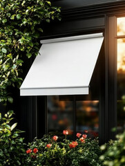 white awning shades window surrounded by lush greenery and blooming flowers, creating serene