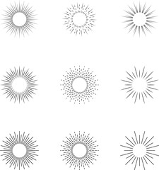 Vintage sunburst set. Bursting rays sunrise firework starburst blast, Radiant Spark. Rays. Geometric Design Elements. Retro radiant sunburst, starburst hand drawn label, sun rays.