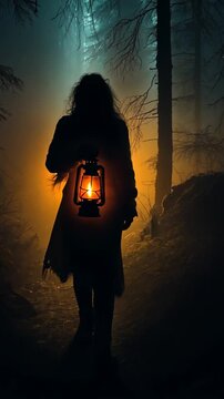 Silhouette Of Woman With Lantern Walking In Dark Foggy Forest At Night