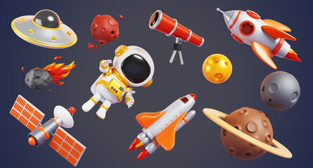 3d alien ufo, planets, astronaut, rocket, shuttle on background of outer space. Render cartoon set of childish spaceman, spaceship, telescope, satellite, falling meteorite in cosmos. 3D illustration © marozhkastudio