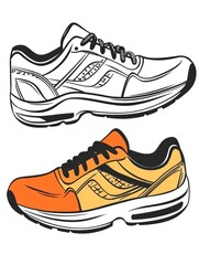 Two pairs of athletic shoes, one in black and white, the other in orange and yellow