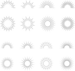 Vintage sunburst set. Bursting rays sunrise firework starburst blast, Radiant Spark. Rays. Geometric Design Elements. Retro radiant sunburst, starburst hand drawn label, sun rays.