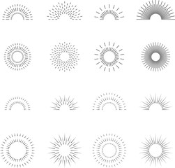 Vintage sunburst set. Bursting rays sunrise firework starburst blast, Radiant Spark. Rays. Geometric Design Elements. Retro radiant sunburst, starburst hand drawn label, sun rays.